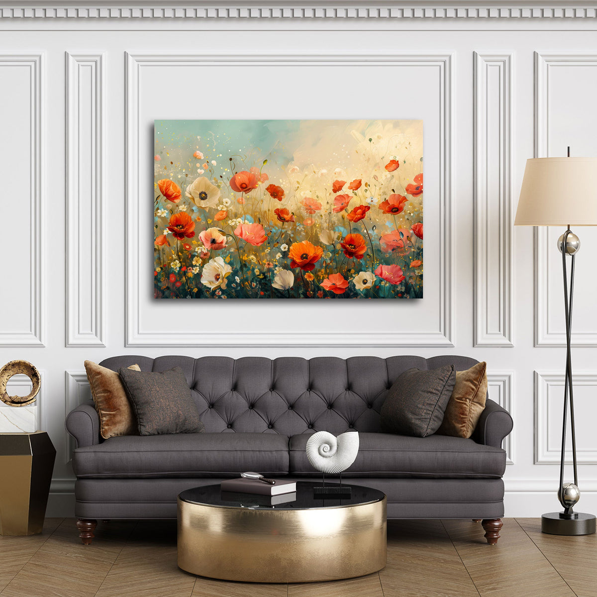 Blühende Mohnblumen in Rot und Weiß auf der Wiese Wandbild