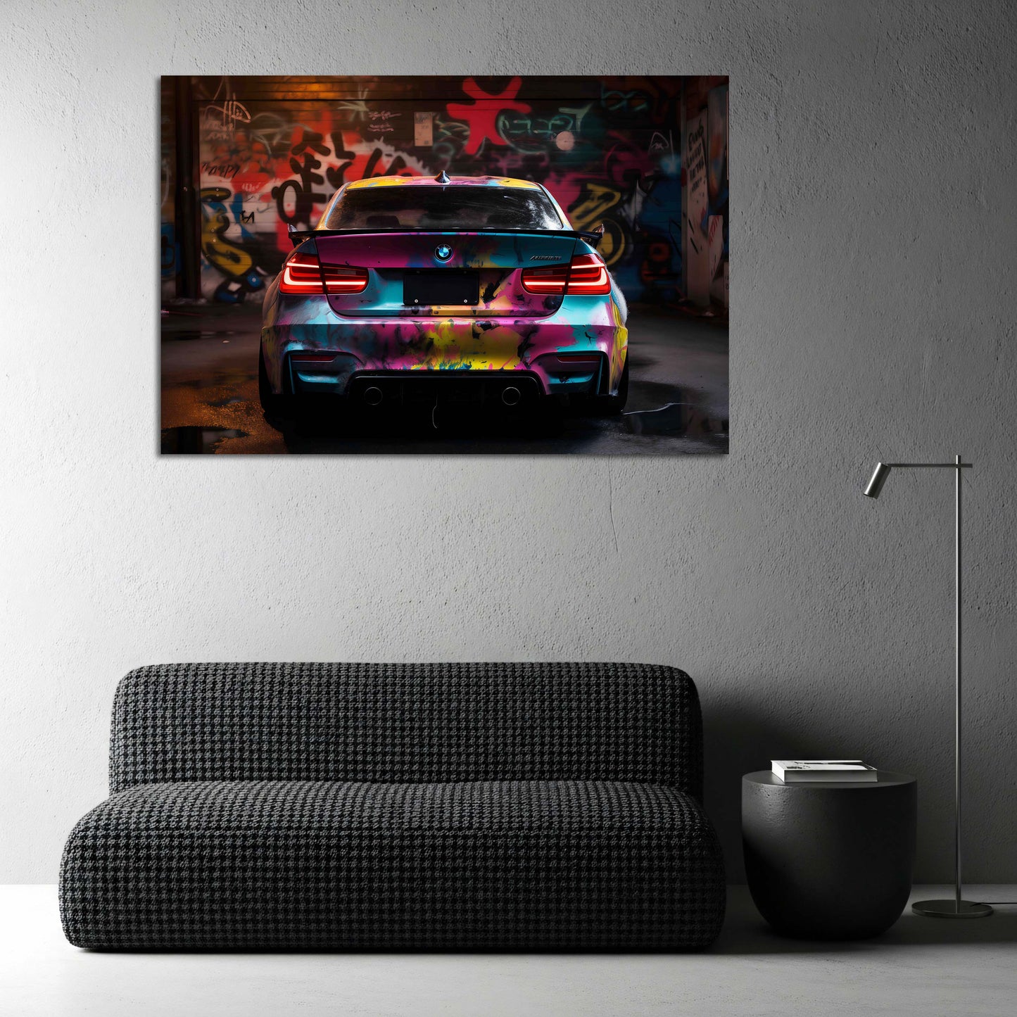 BMW Sportwagen Graffiti Street Art Farbexplosion Wandbild