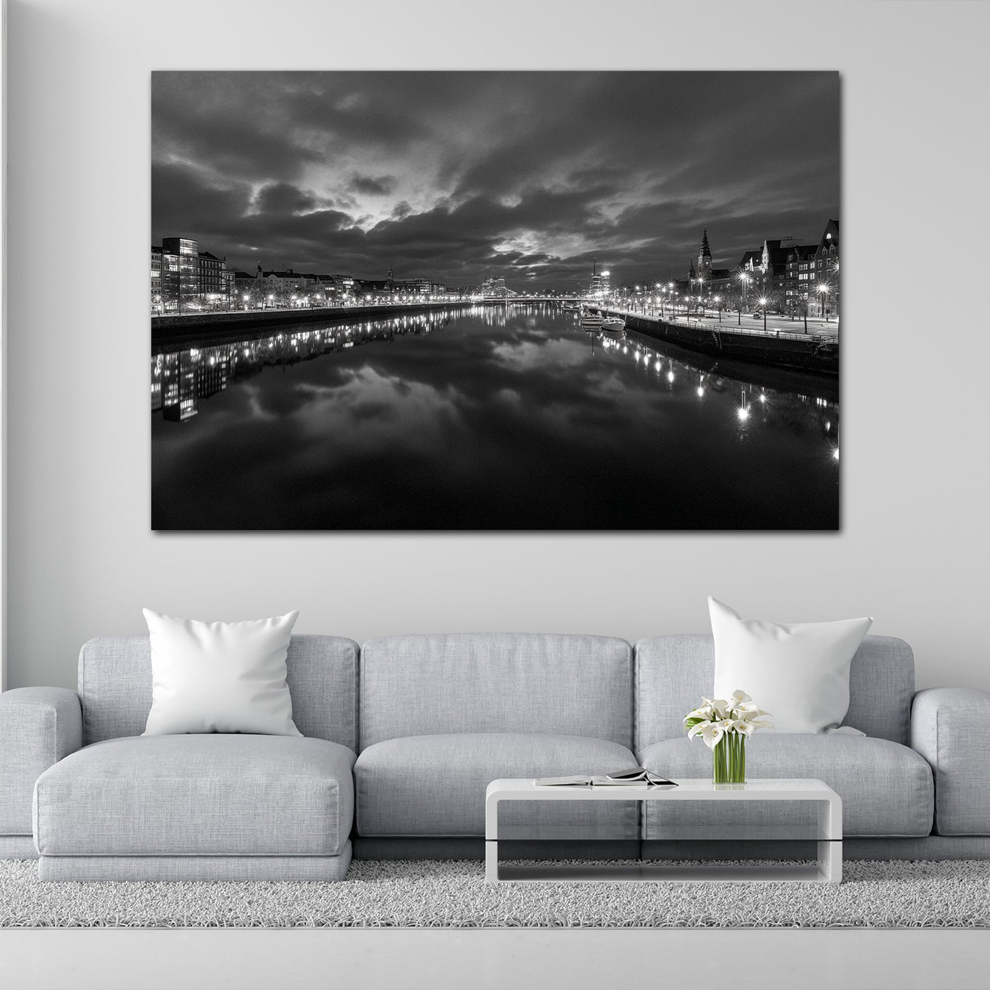 Bremen Weserufer Skyline schwarz weiß Spiegelung Wandbild