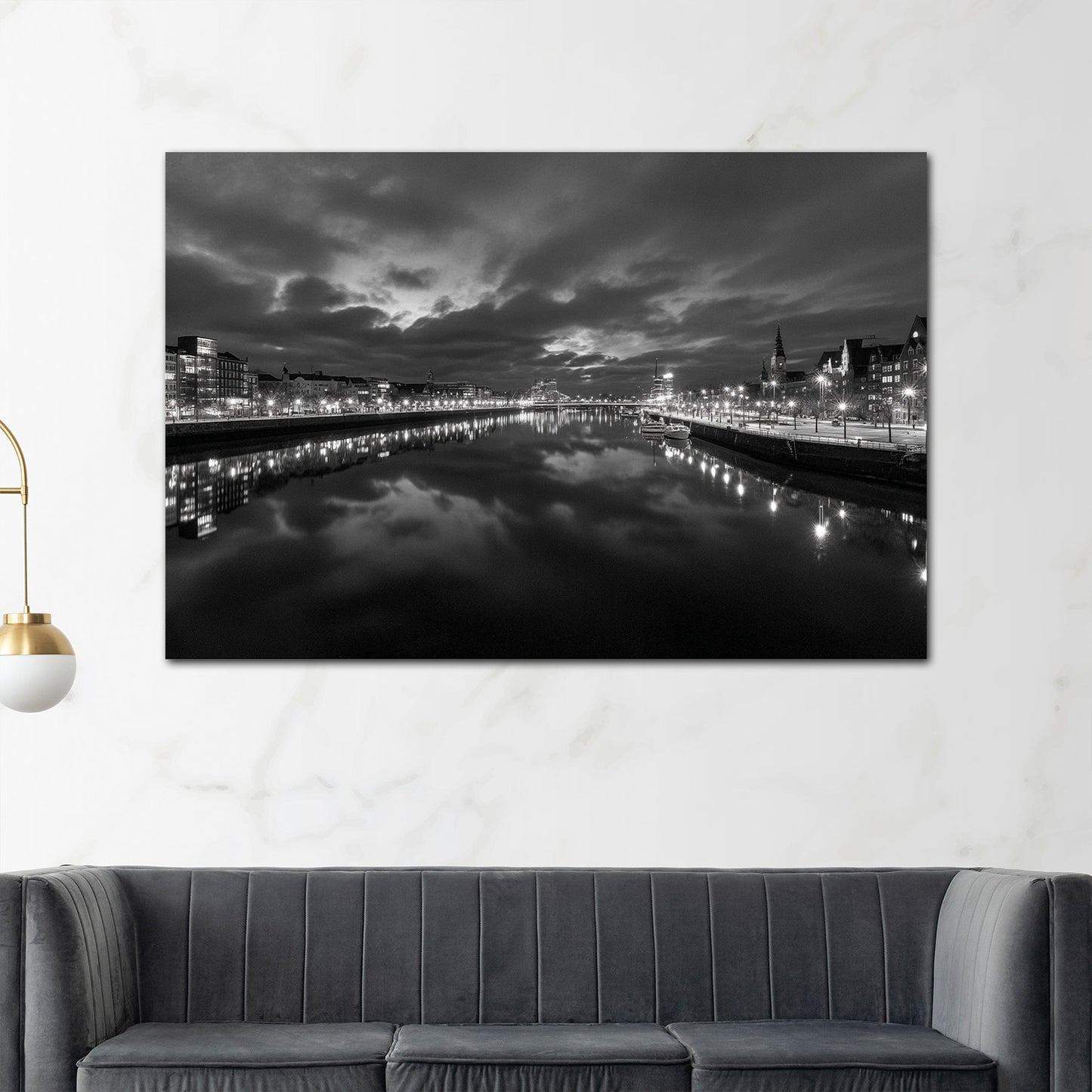 Bremen Weserufer Skyline schwarz weiß Spiegelung Wandbild