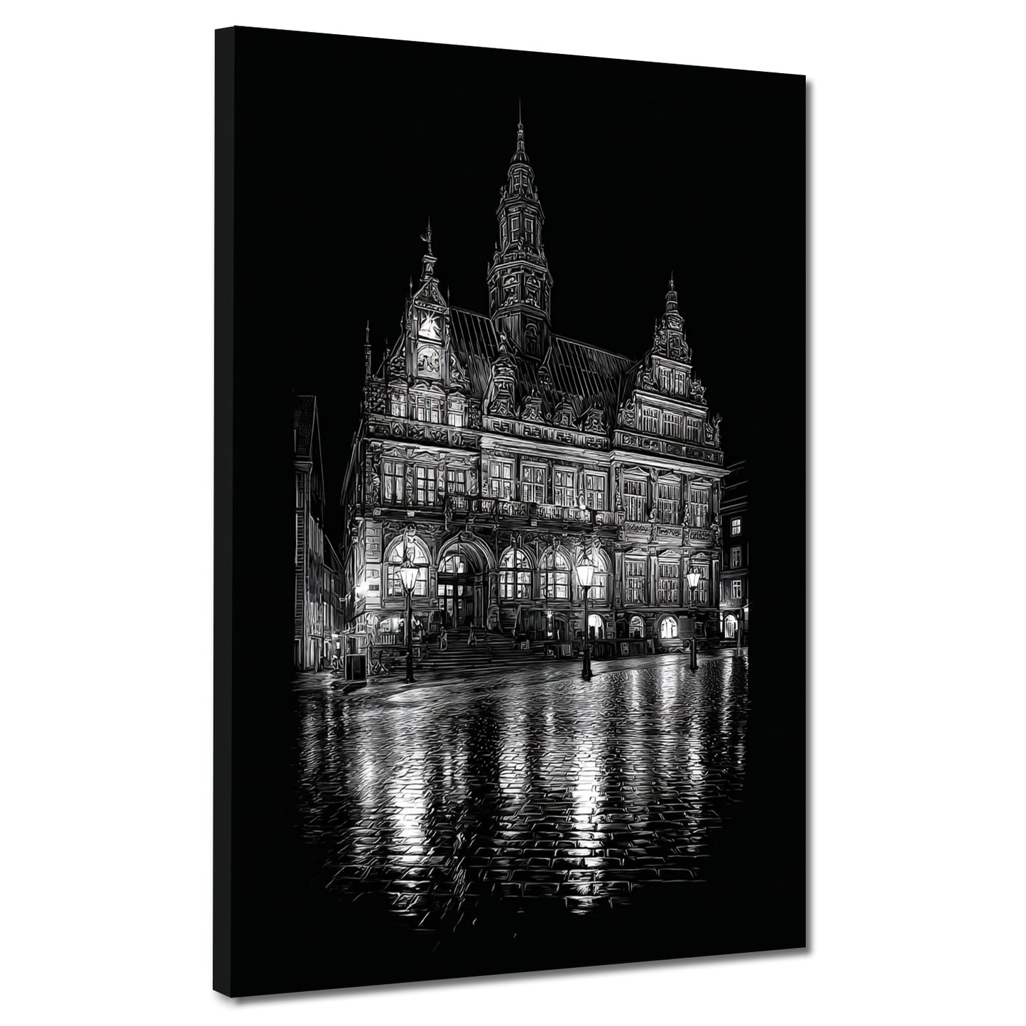 Bremer Rathaus schwarz weiß Nachtaufnahme Spiegelung Wandbild