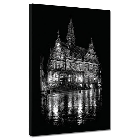 Bremer Rathaus schwarz weiß Nachtaufnahme Spiegelung Wandbild