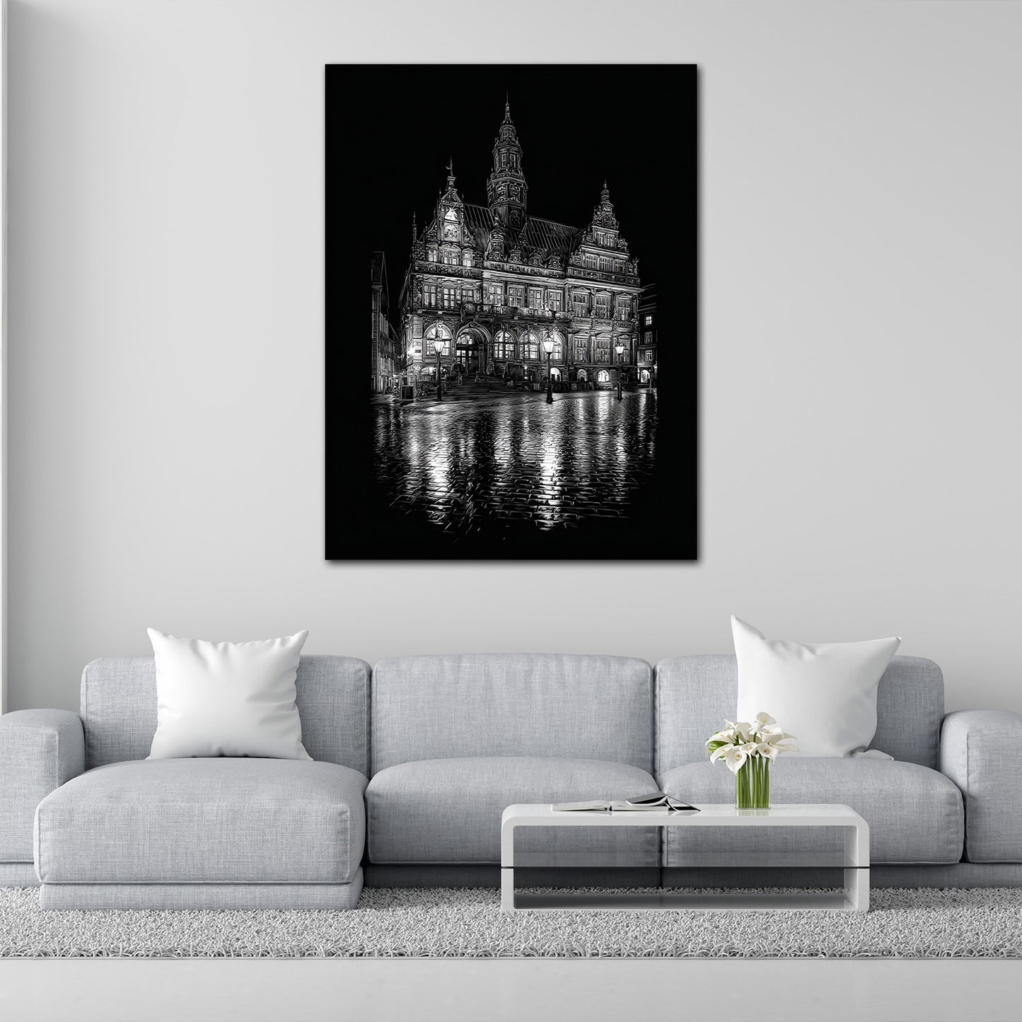 Bremer Rathaus schwarz weiß Nachtaufnahme Spiegelung Wandbild