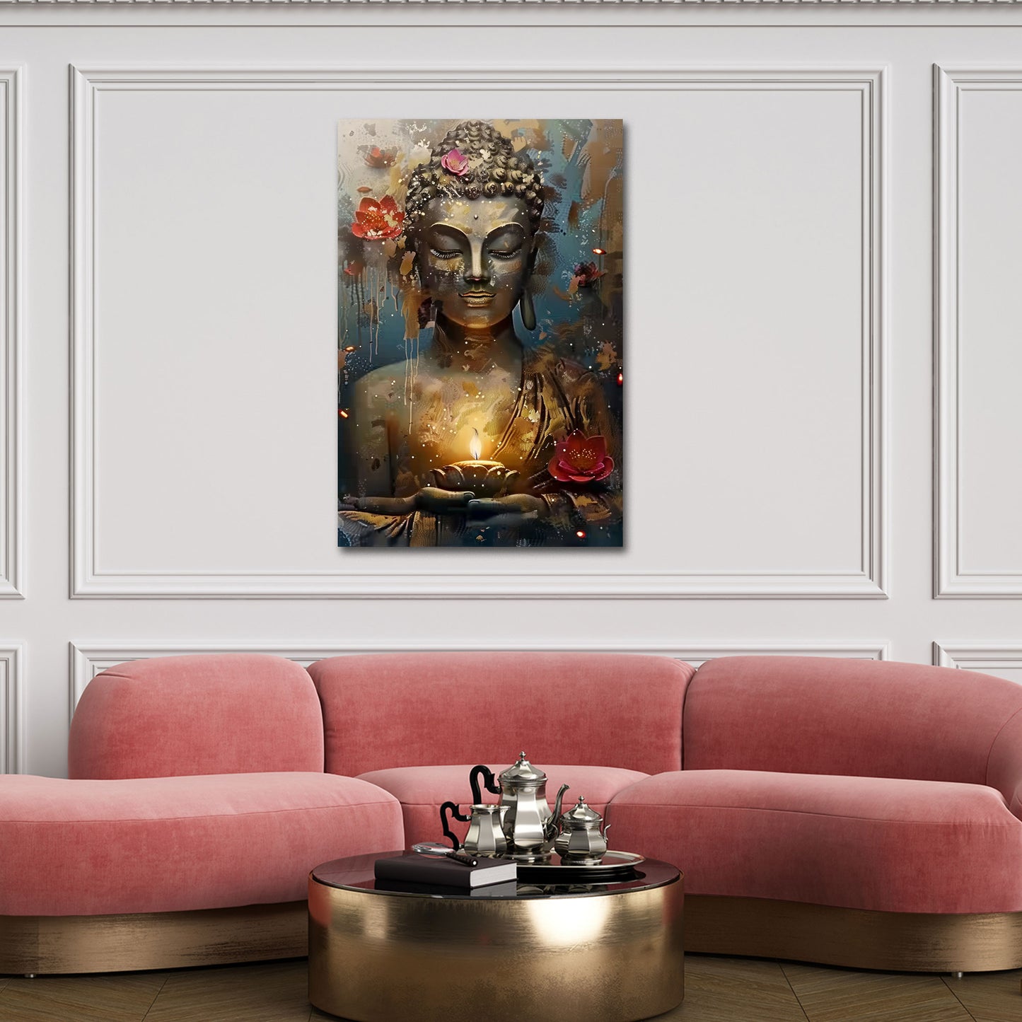 Buddha Statue Meditation Kerze Lotusblüten goldene Ruhe Wandbild