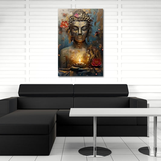 Buddha Statue Meditation Kerze Lotusblüten goldene Ruhe Wandbild