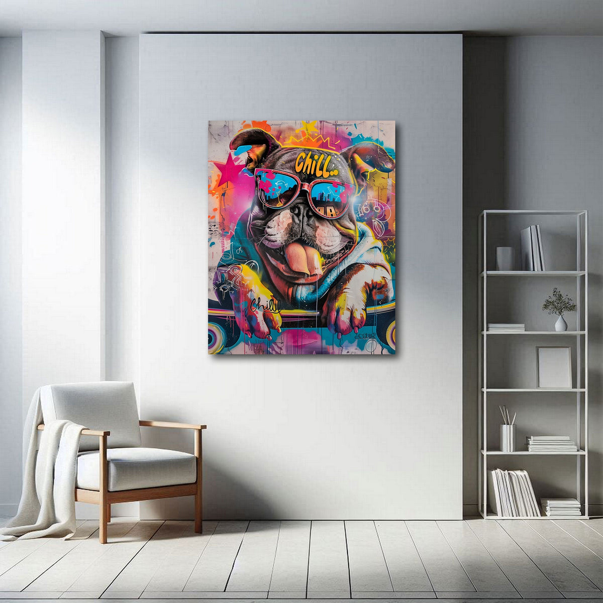 Bulldogge mit Sonnenbrille und Chill Schriftzug Graffiti Wandbild