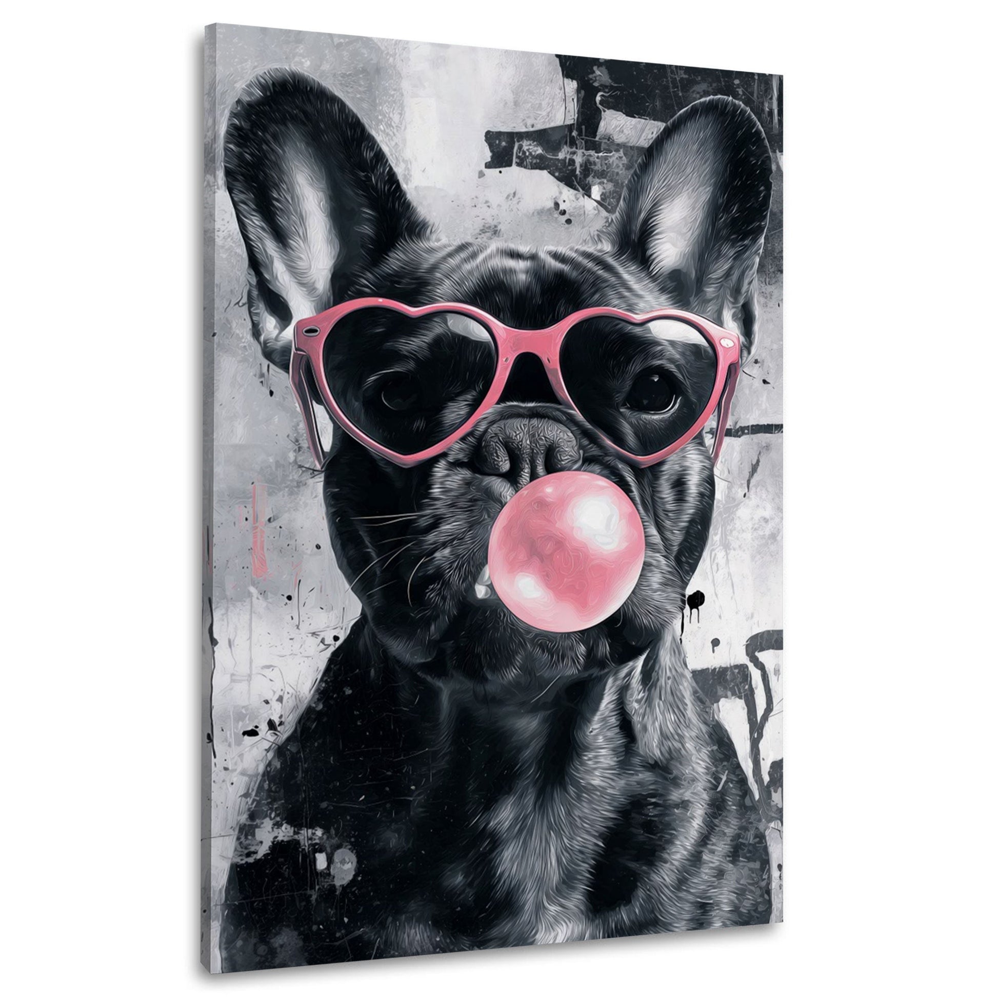 Bulldogge mit Herzbrille und Kaugummi Graffiti Wandbild