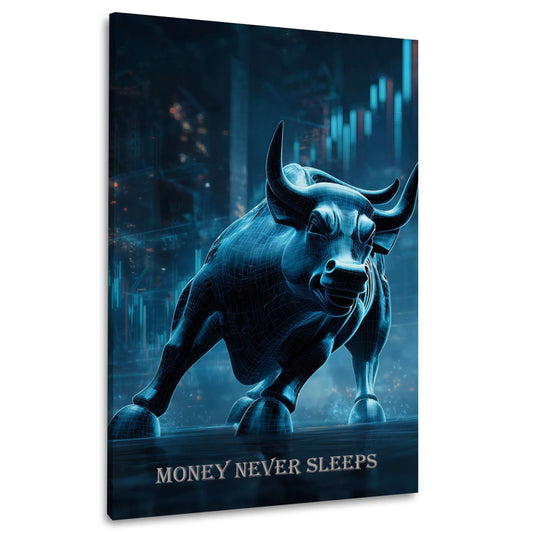 Bulle Börse zur Motivation Money Never Sleeps Wandbild