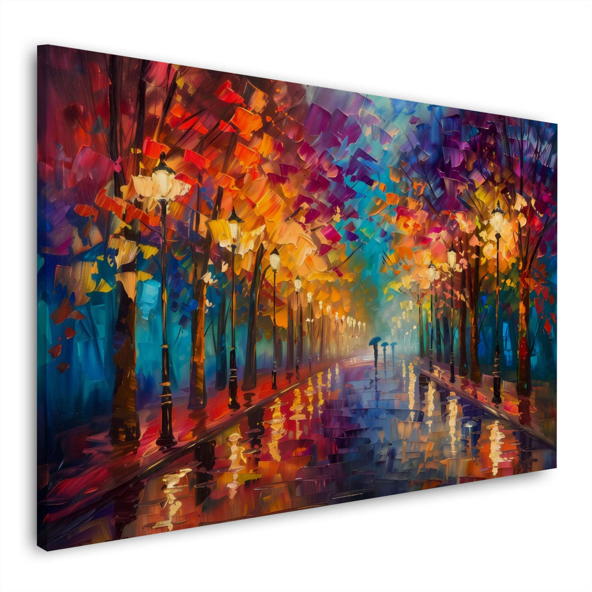 Bunte Allee im Regen mit warmem Licht Wandbild im Querformat