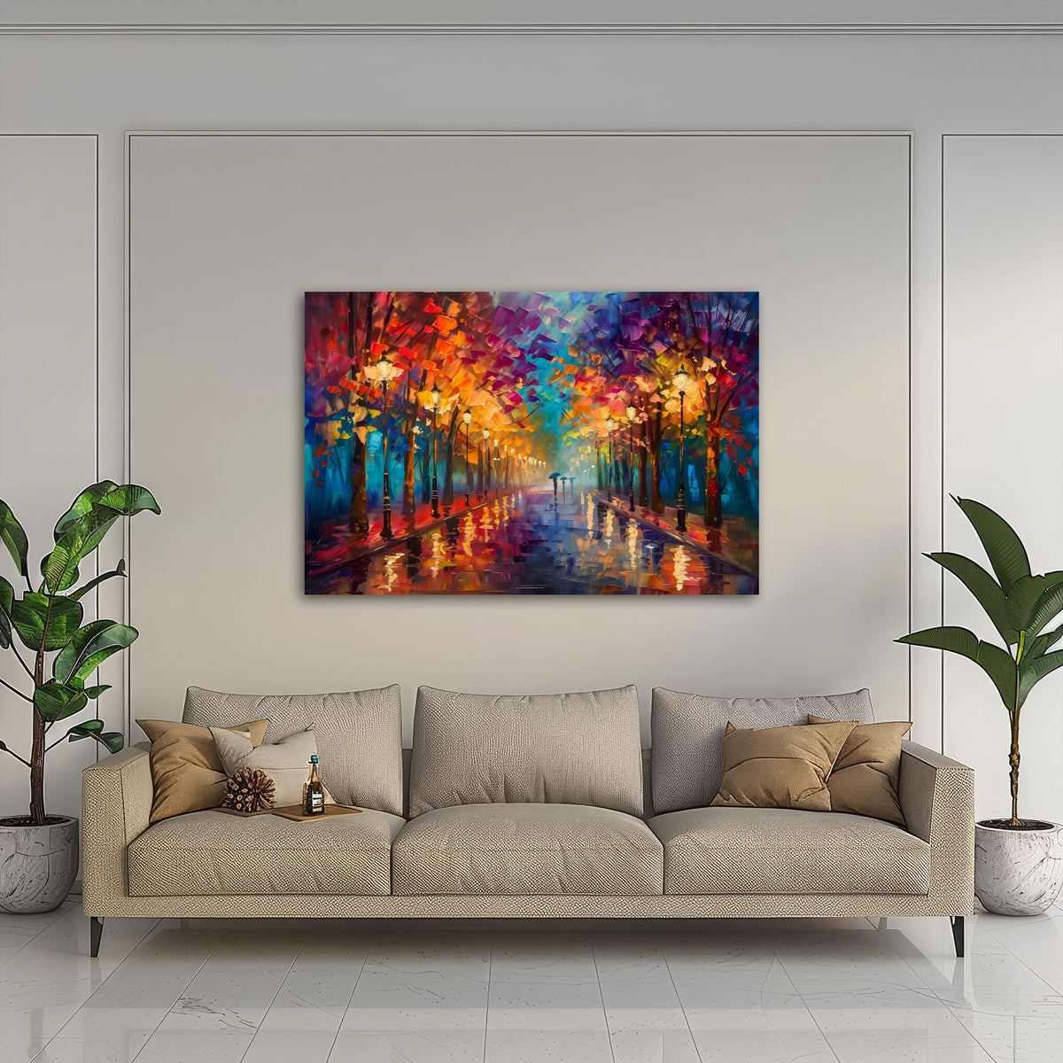 Farbstarkes Allee Wandbild über einem Sofa im Wohnraum