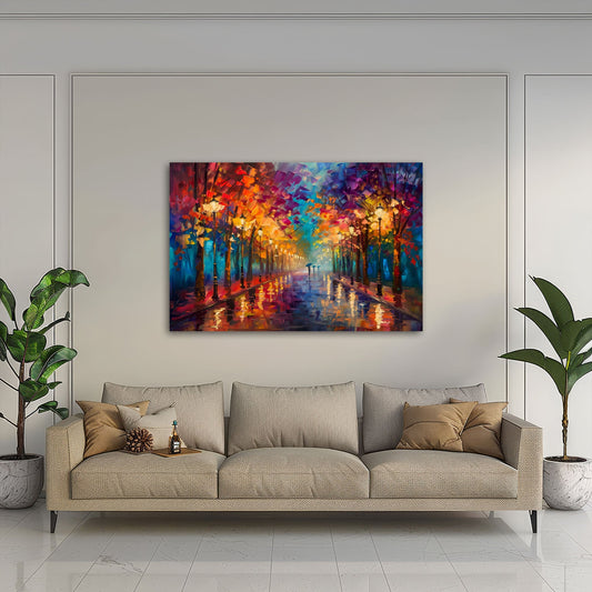 Farbstarkes Allee Wandbild über einem Sofa im Wohnraum