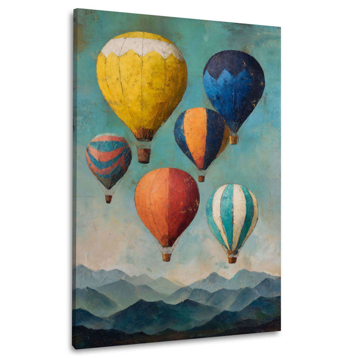 Bunte Ballons am Himmel über Bergketten Wandbild im Hochformat