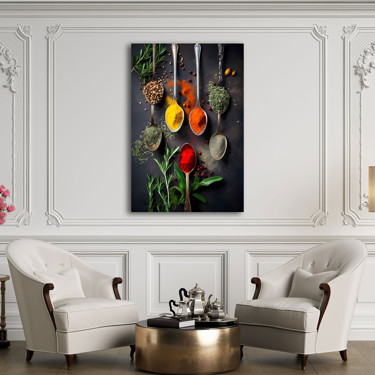 Bunte Gewürzmischung Kräuter Löffel Küche Wandbild