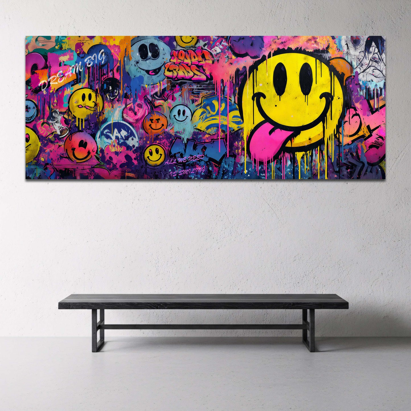 Bunte Smiley Faces auf Graffiti Wand Panorama Wandbild