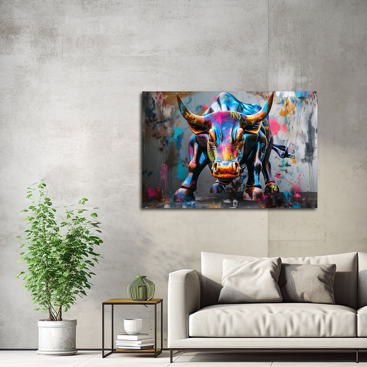 Street Art Bullen Wandbild über einem Sofa im Wohnraum