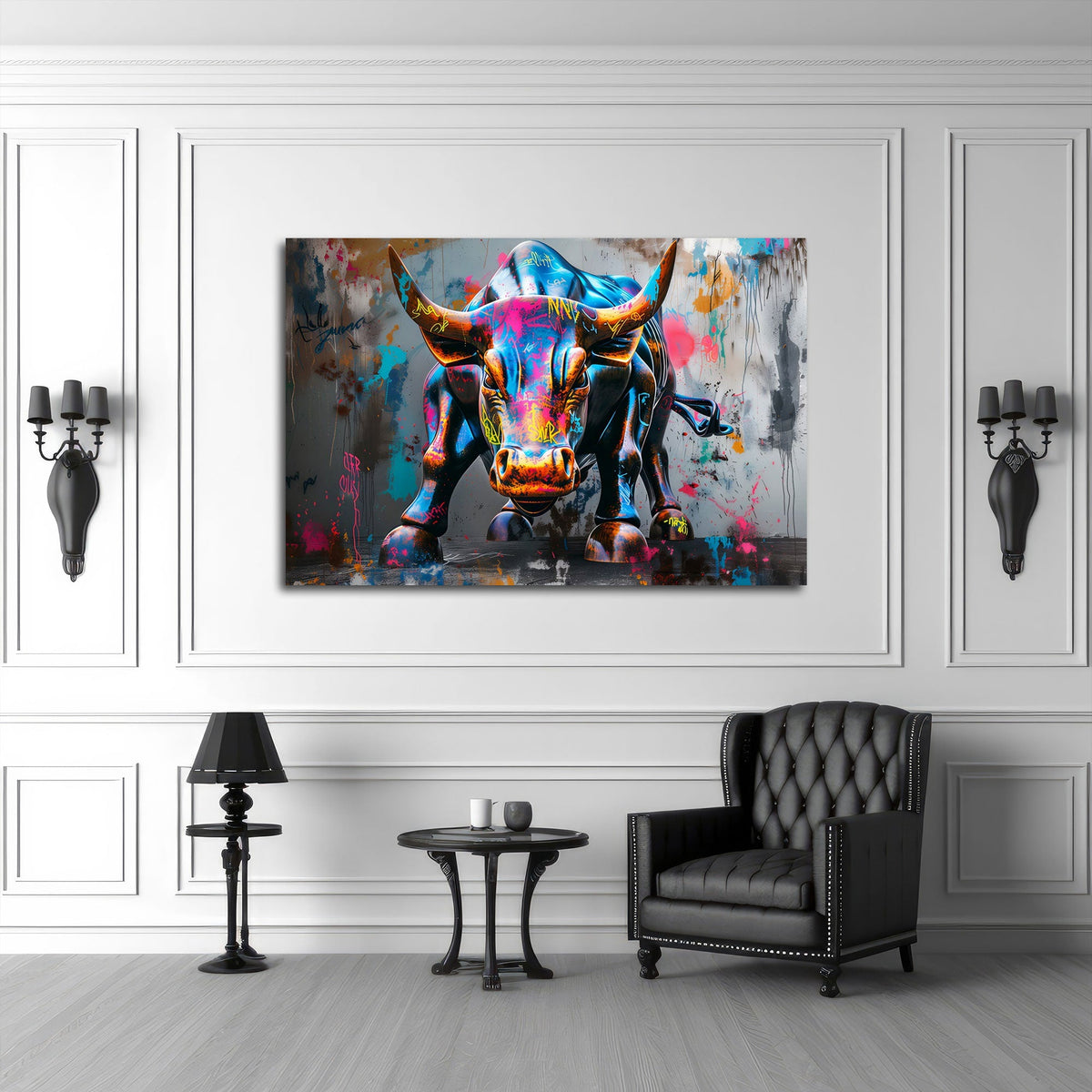 Bunter Bulle Wandbild im Querformat an einer Wohnraumwand