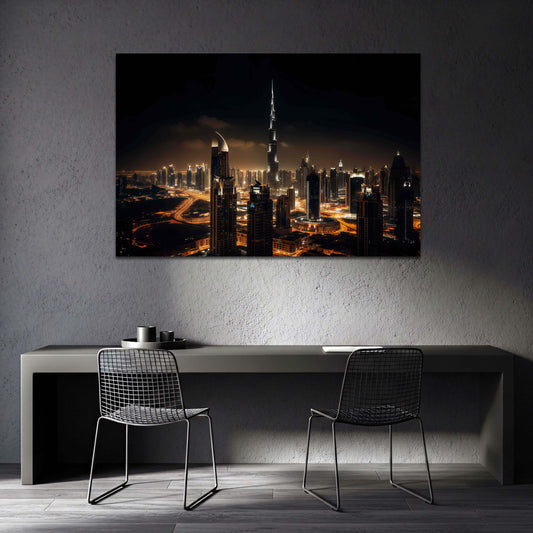 Burj Khalifa Dubai Nachtlichter der Skyline Panorama Wandbild