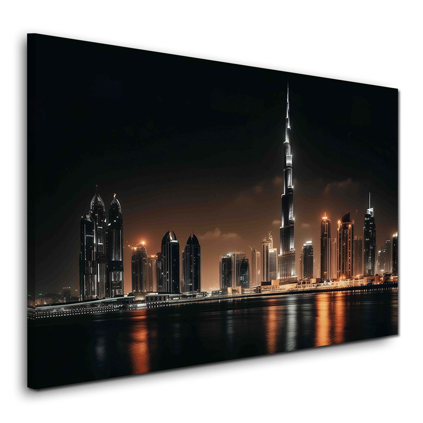 Burj Khalifa Dubai Skyline bei Nacht am Wasser Wandbild