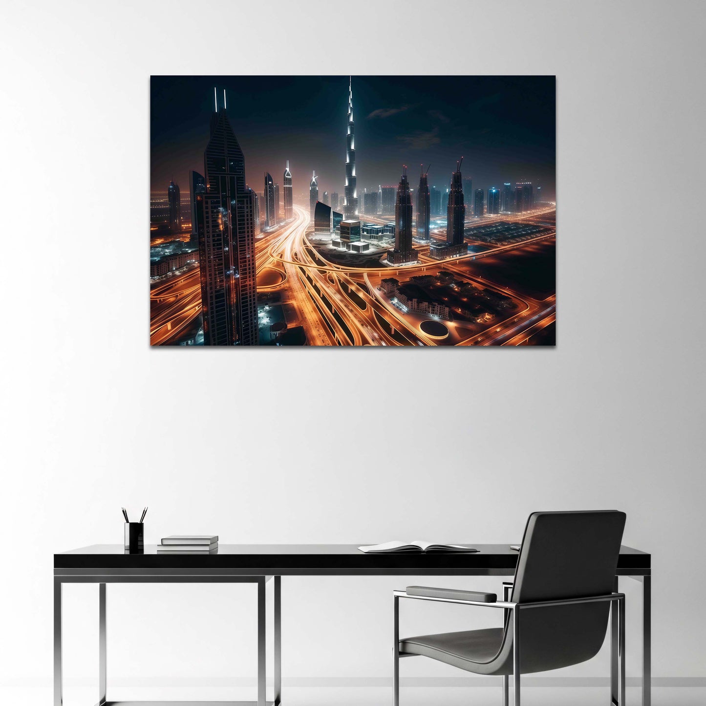 Burj Khalifa Dubai Skyline Stadtlichter bei Nacht Wandbild
