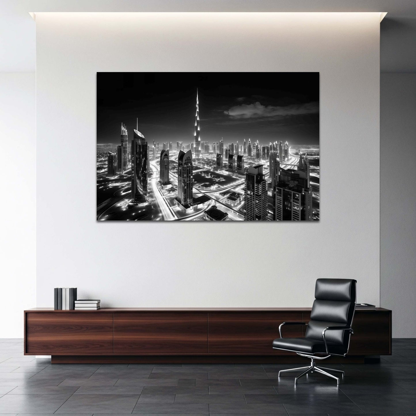 Burj Khalifa in Dubai bei Nacht schwarz weiß Architektur Wandbild