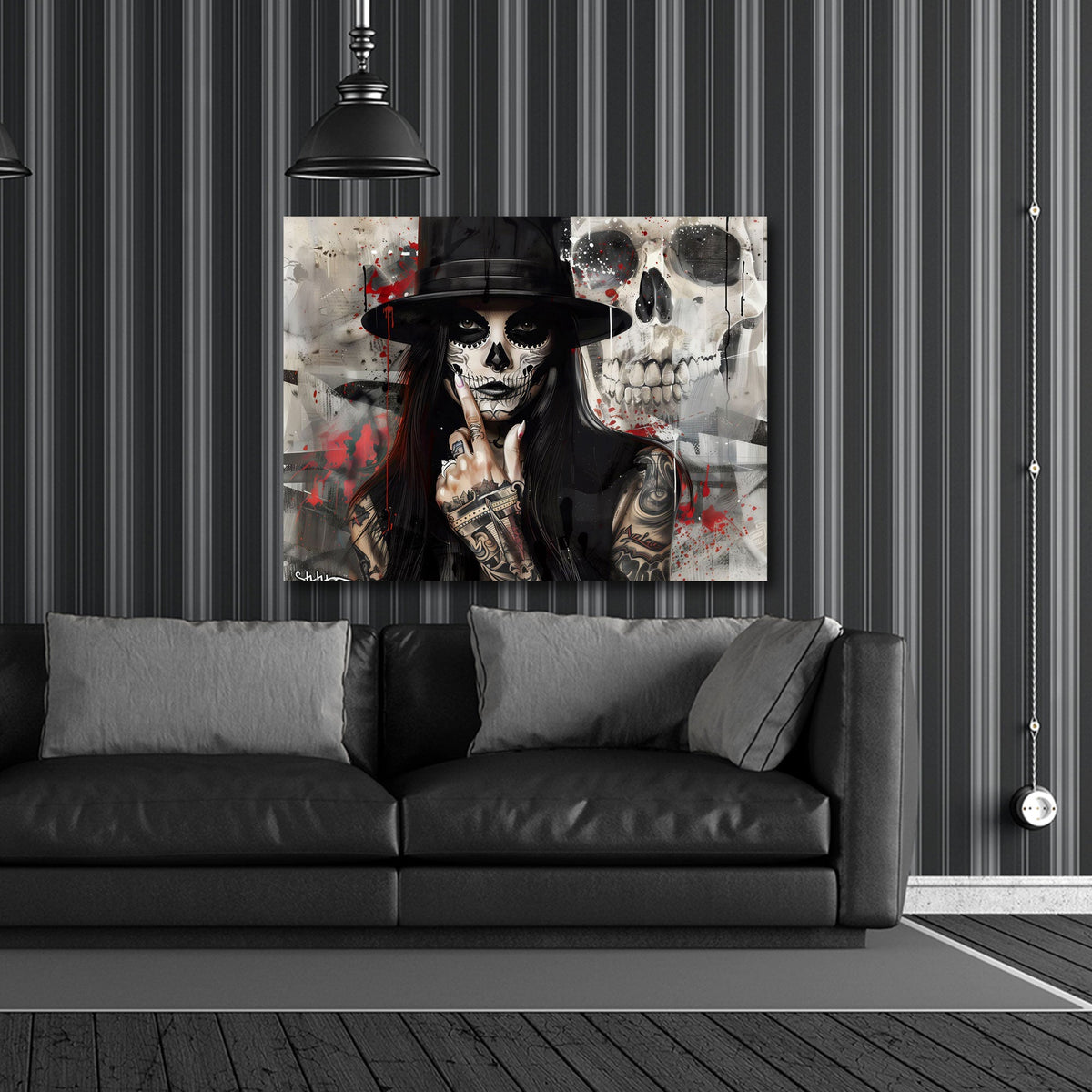 Catrina mit Zylinder und Totenkopf im Hintergrund Wandbild