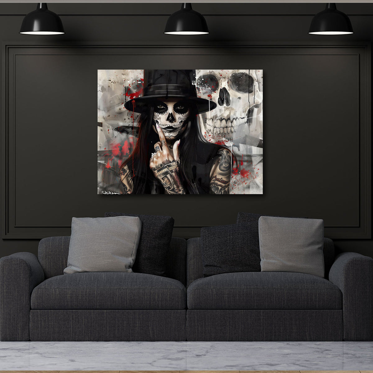 Catrina mit Zylinder und Totenkopf im Hintergrund Wandbild