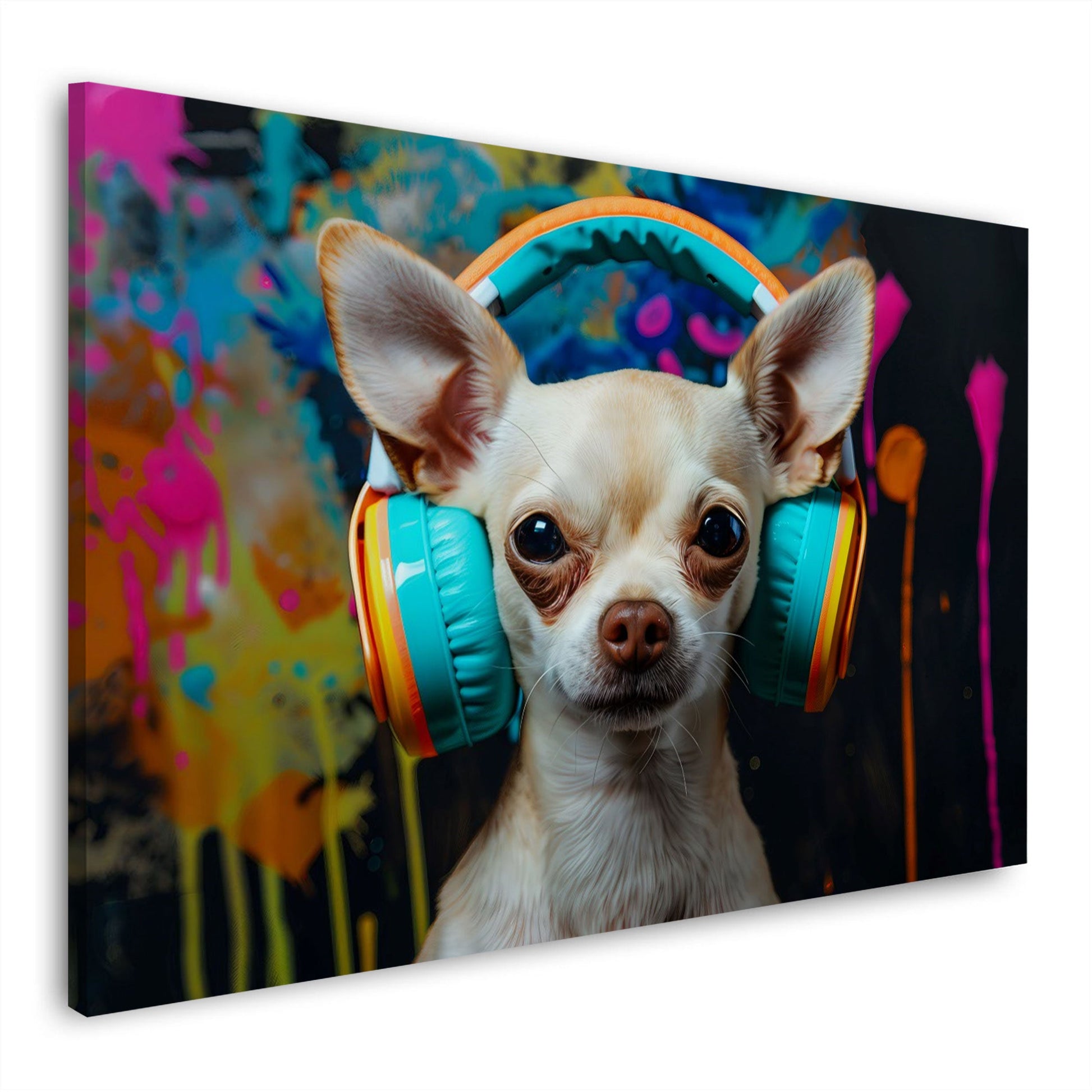 Chihuahua mit Kopfhörern in leuchtenden Neonfarben Wandbild
