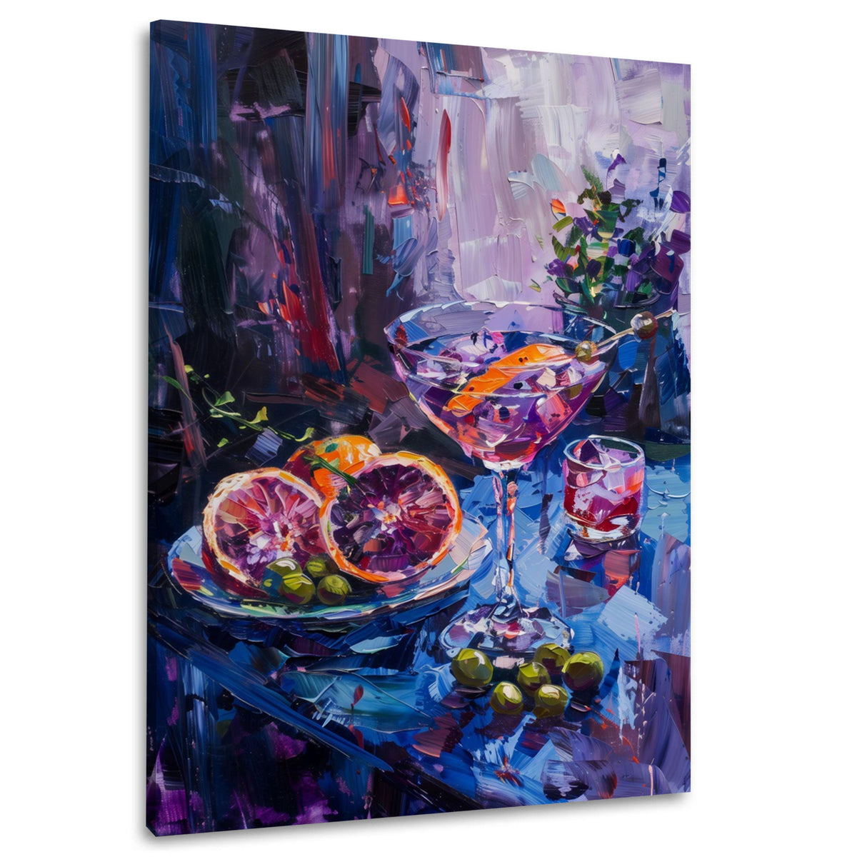 Cocktail mit Blutorangen in Lila und Blau Wandbild im Hochformat