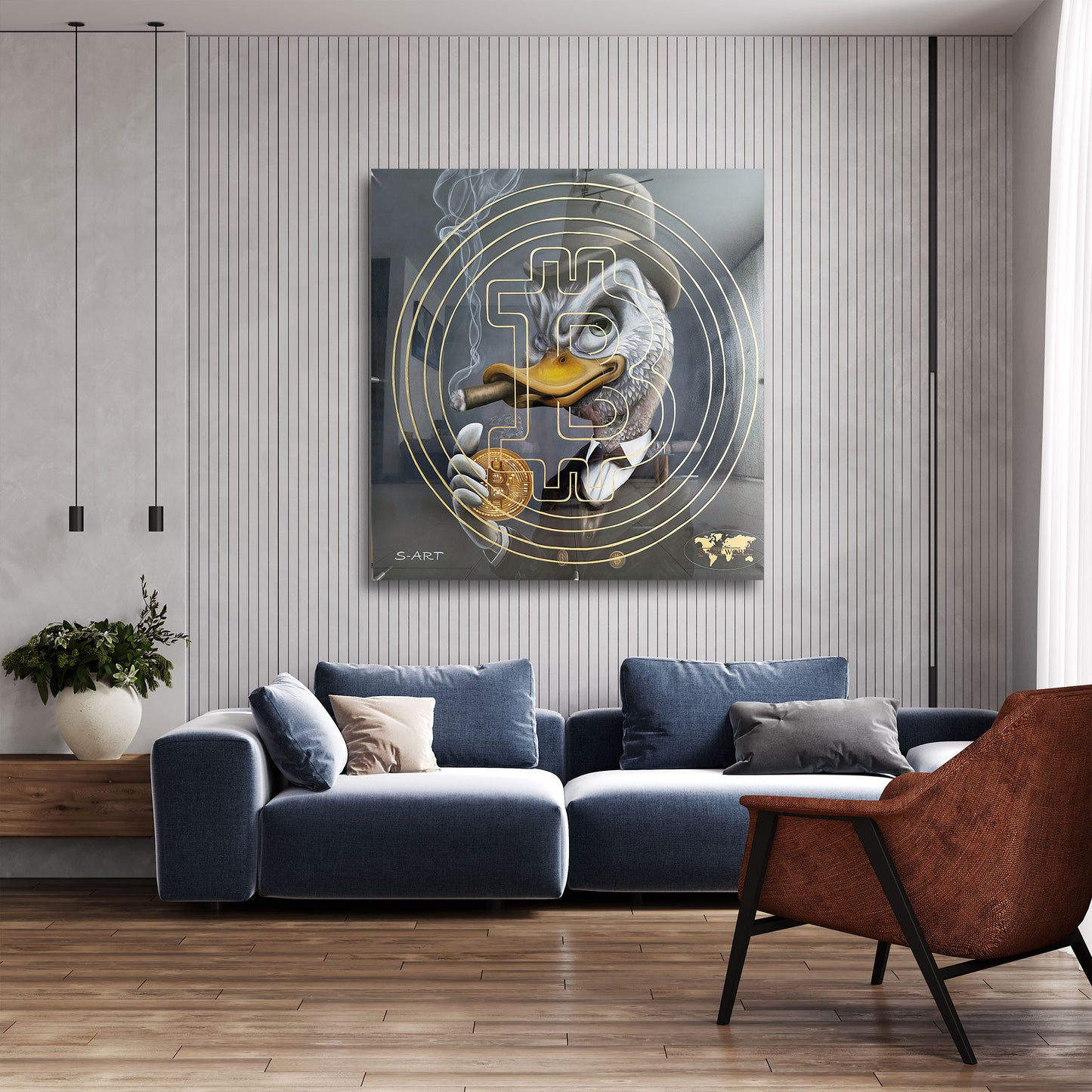Comic Ente mit Zigarre und Bitcoin Reichtum BANKSY-ART Wandbild