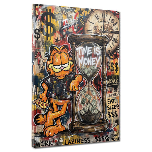 Comic Kater mit Sanduhr Time is Money Pop Art Wandbild