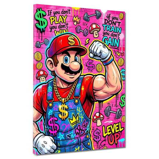 Comic Klempner mit Bizeps Level Up Fitness Pop Art Wandbild