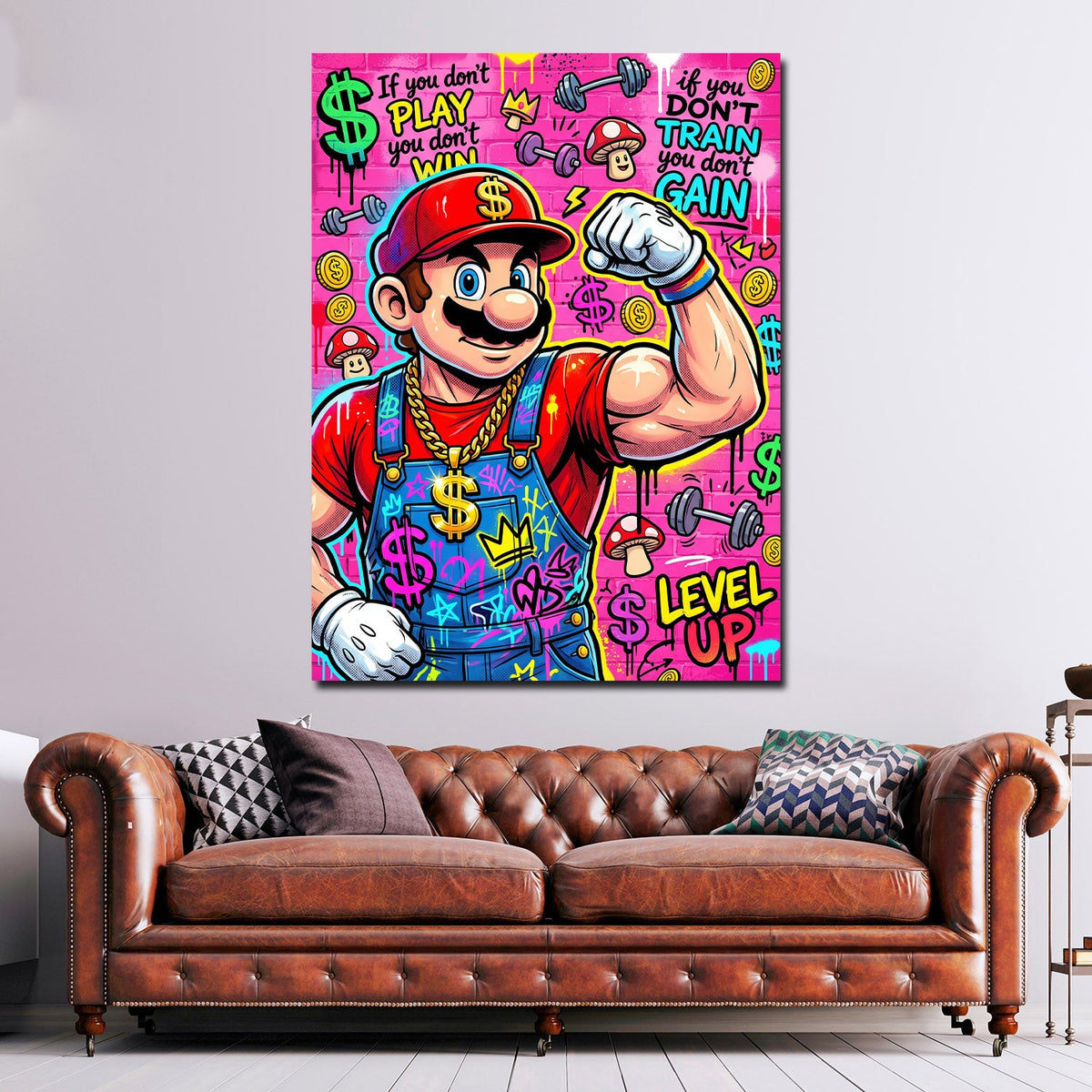Comic Klempner Level Up Fitness Wandbild im Wohnzimmer