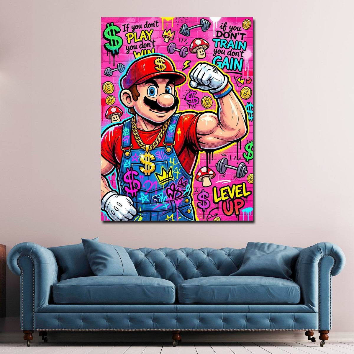 Comic Klempner Level Up Fitness Wandbild an der Wand im Raum