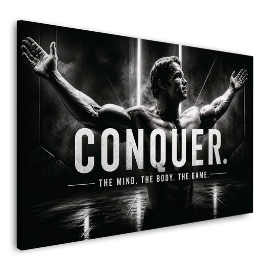 Conquer Fitness Motivation Wandbild in Schwarz-Weiß mit Bodybuilder