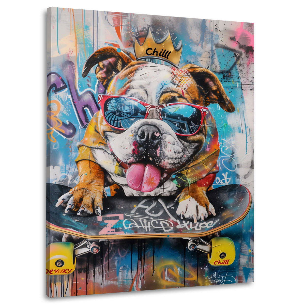 Coole Bulldogge mit Krone auf dem Skateboard Wandbild