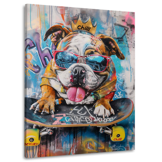 Coole Bulldogge mit Krone auf dem Skateboard Wandbild