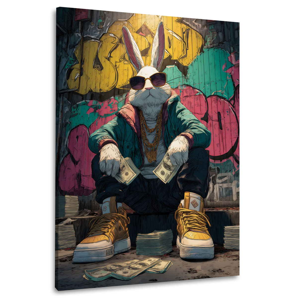 Cooler Hase im Streetwear Look mit Graffiti Wandbild im Hochformat