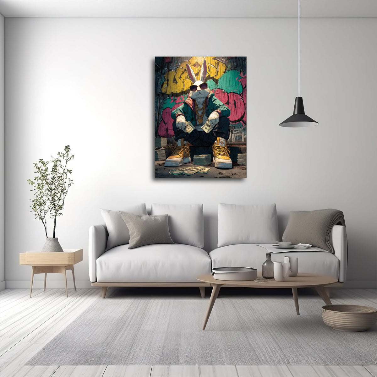 Street Art Wandbild über einem Sofa im Wohnraum