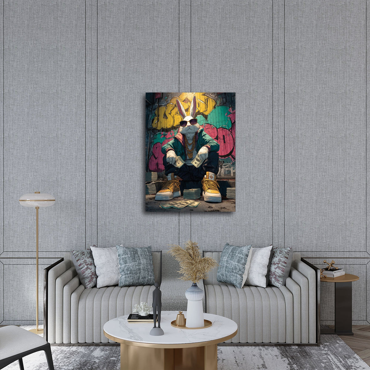 Street Art Wandbild im Hochformat an einer Wohnraumwand