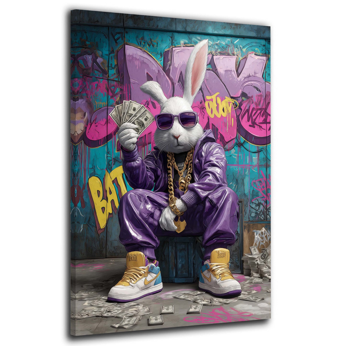 Cooler Hase mit Sonnenbrille hält Geldscheine Wandbild