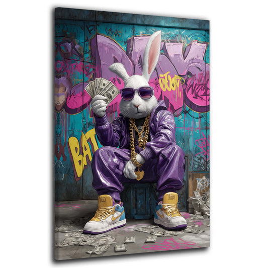 Cooler Hase mit Sonnenbrille hält Geldscheine Wandbild
