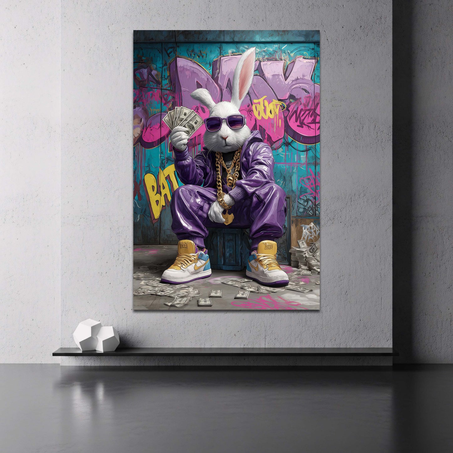 Cooler Hase mit Sonnenbrille hält Geldscheine Wandbild