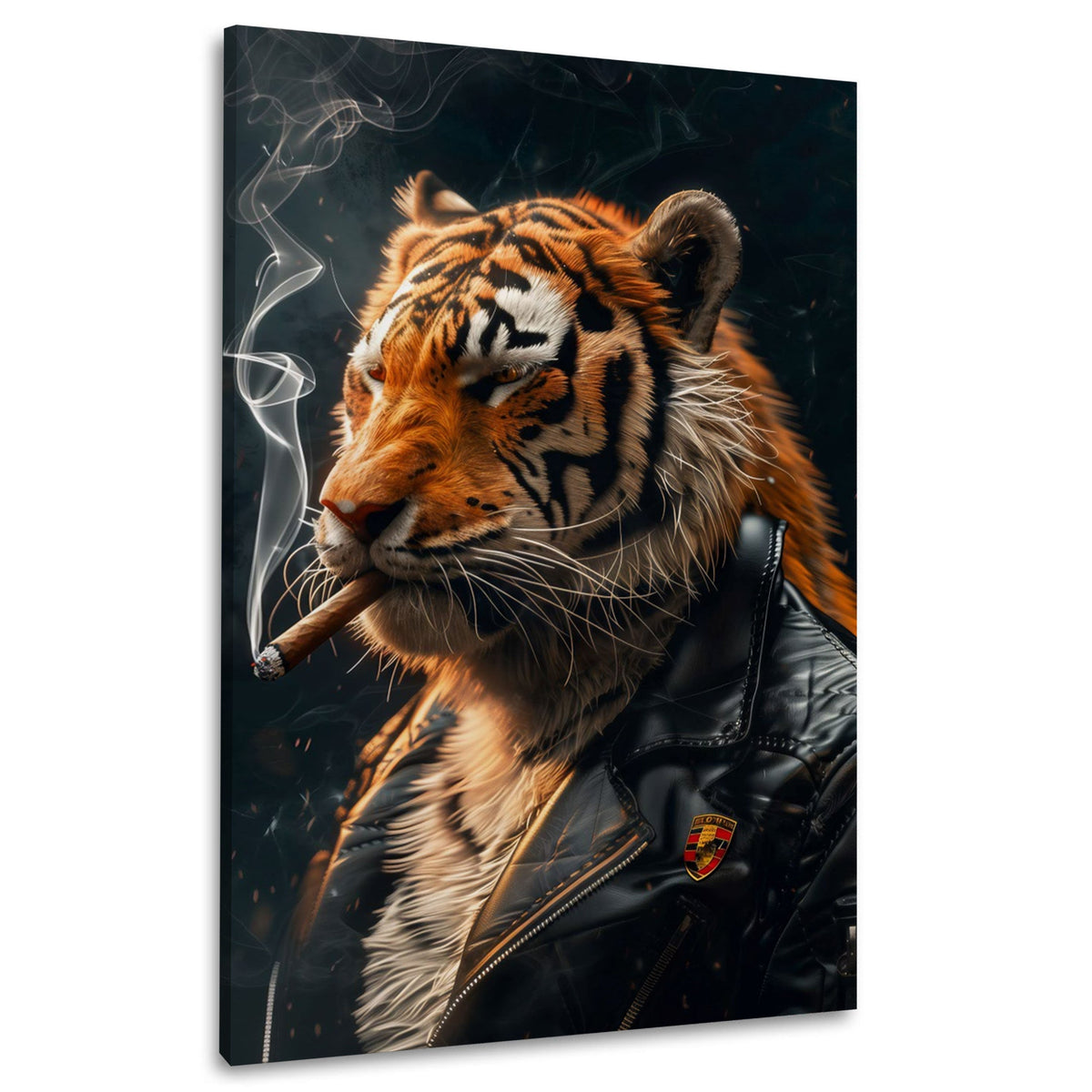 Cooler Tiger in schwarzer Lederjacke Wandbild im Hochformat