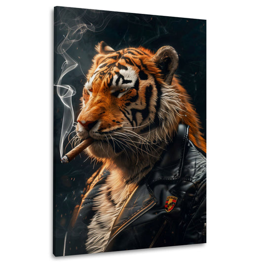 Cooler Tiger in schwarzer Lederjacke Wandbild im Hochformat