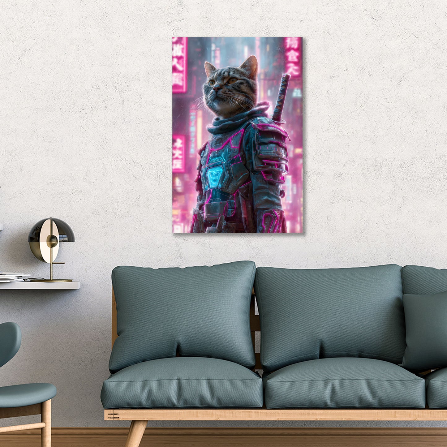 Cyberpunk Katze Samurai Neon futuristische Pop Art Wandbild