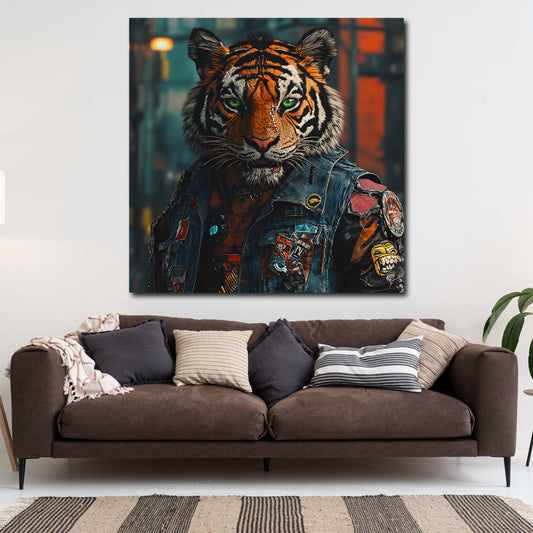 Cyberpunk Tiger Porträt Lederjacke Neonblick Wandbild