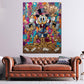 Buntes Comic Pop Art Wandbild mit Dagobert über einem Sofa im Wohnraum