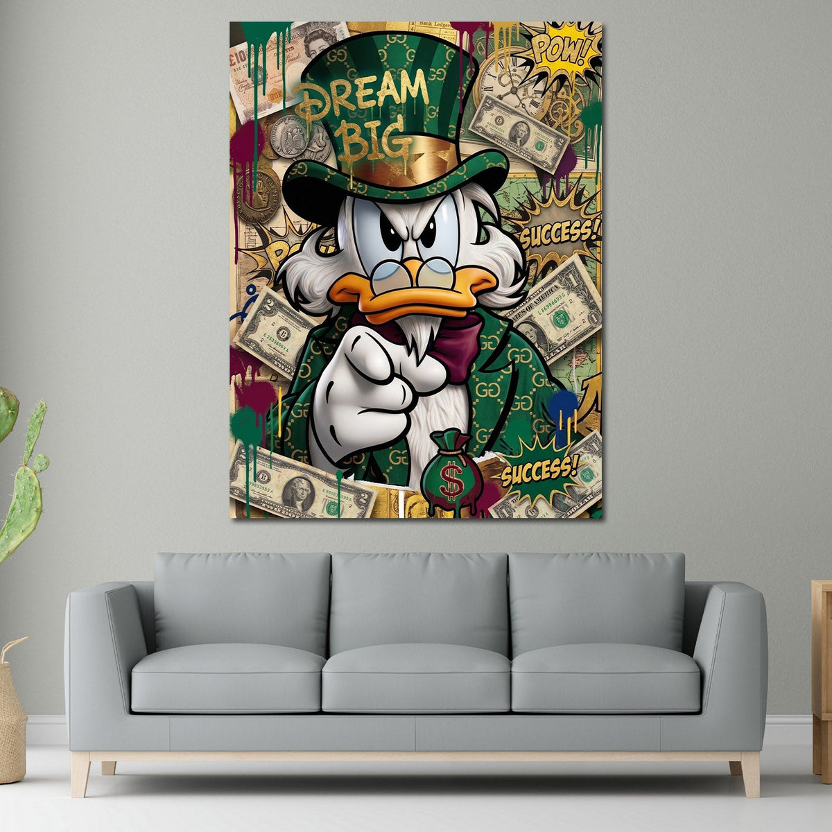 Dagobert Pop Art Wandbild im Hochformat an einer Wohnraumwand