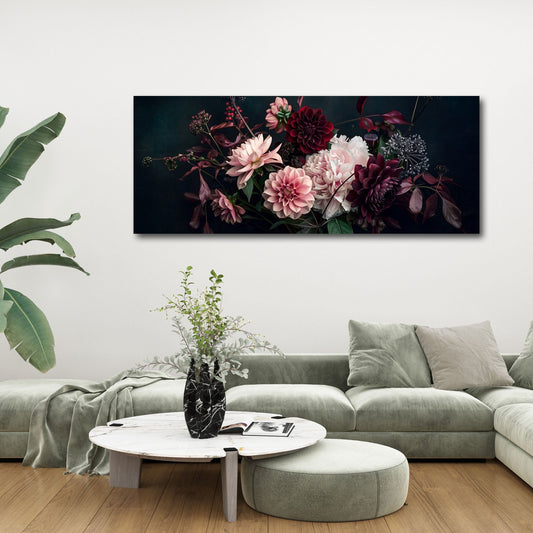 Dahlien in Rosa und Weinrot auf Schwarz Panorama Wandbild