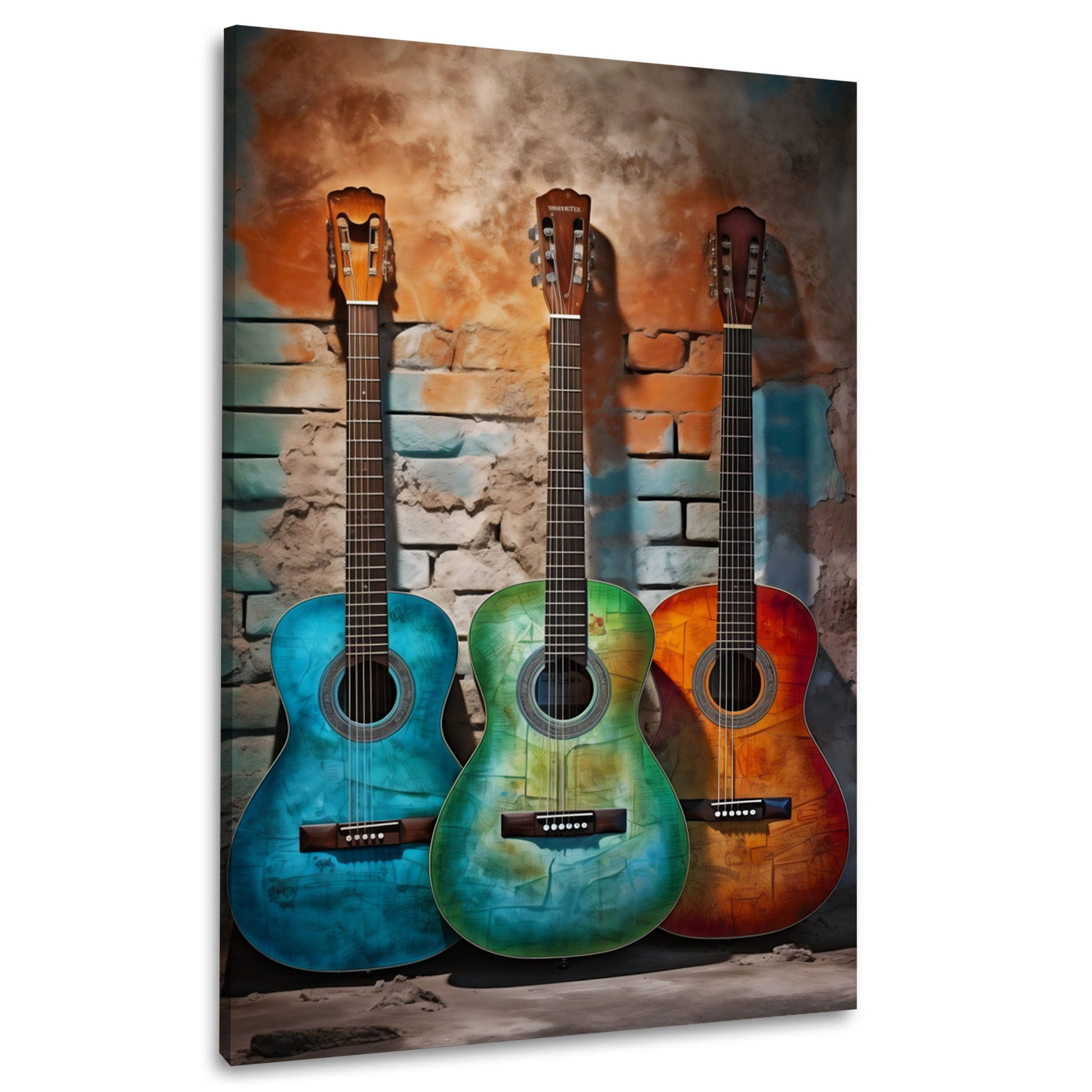 Drei bunte Gitarren an alter Backsteinwand Wandbild